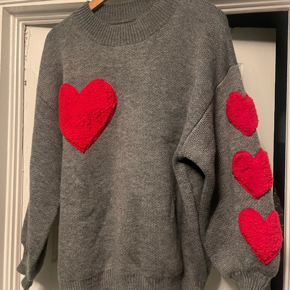 Gray Sweater with Red Heart Accents